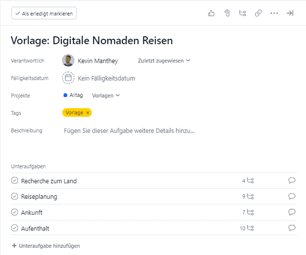 Asana für Digitale Nomaden Checkliste