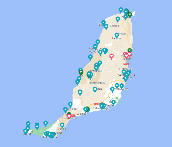 Fuerteventura Roadtrip Karte mit allen Markierungen der Highlights, die ich besucht habe