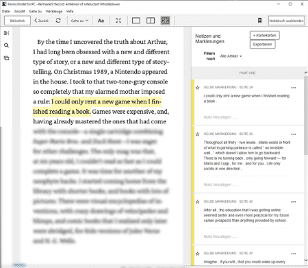 Screenshot von der kindle Desktop App mit Textmarkierungen